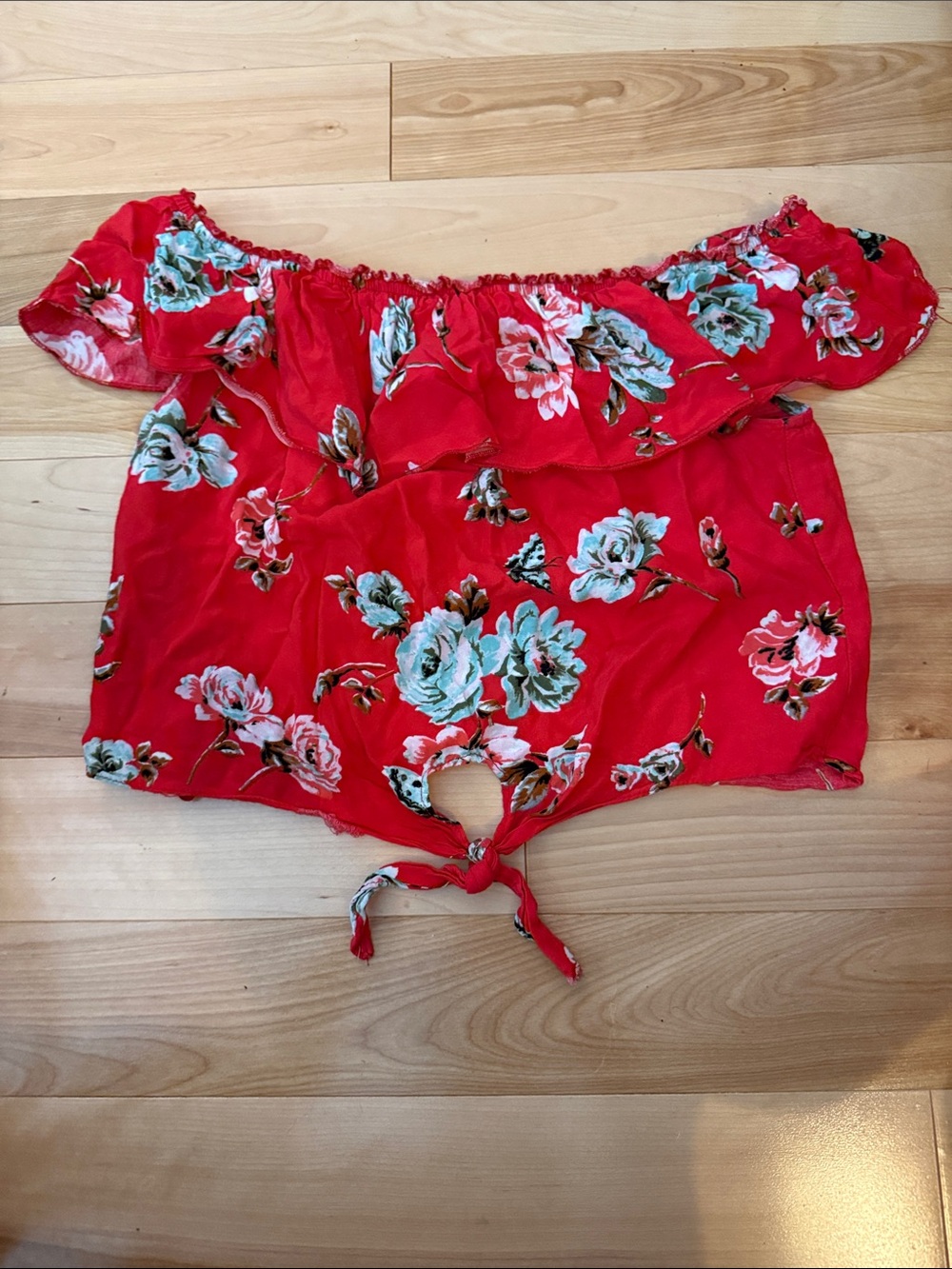 Women's Red Floral Off-Shoulder Tie-Front Top S So Cute